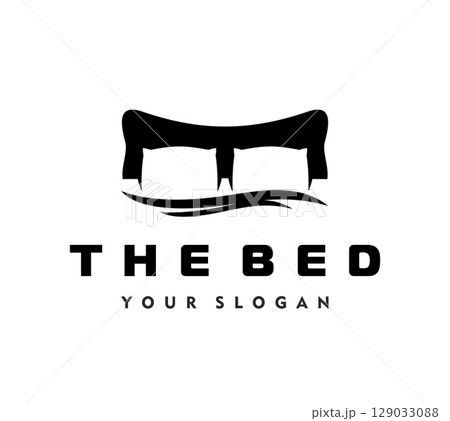 Luxury bed icon with pillows for bedroom sleep or home furniture, vector emblem. Bed with pillows and blanket silhouette icon for interior design salon, sleeping mattress shop and hotel resort sign 129033088