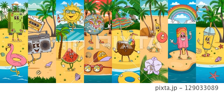 Cartoon groovy travel and vacation characters collage at sea beach, vector background. Funny groovy coconut, ice cream and disco ball or banana fruit with funky face at summer beach on sea vacations 129033089