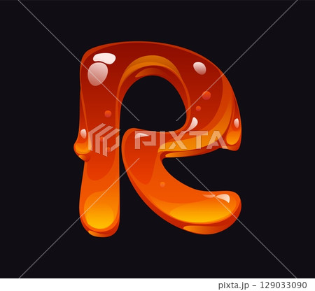 Sweet honey cartoon font letter R. Yellow candy ABC font letter, liquid amber flow vector typeset element. Sweet caramel type sign or tasty honey cartoon English alphabet symbol 129033090