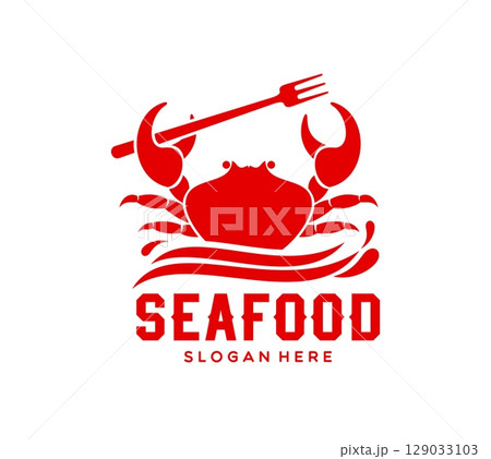 Crab seafood icon, red emblem featuring a crab silhouette holding a fork in its claw on the ocean waves. Vector seafood cuisine label for restaurants branding with bold typography and sea animal 129033103