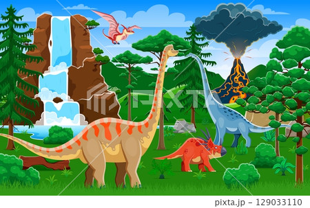Cartoon prehistoric dinosaurs at volcano landscape in Jurassic jungle forest, vector background. Funny prehistoric lizards and reptiles for kids dino encyclopedia atlas or dinosaurs story book Cartoon prehistoric dinosaurs at volcano landscape in Jurassic jungle forest, vector background. Funny prehistoric lizards and reptiles for kids dino encyclopedia atlas or dinosaurs story book 129033110