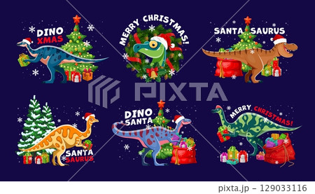 Christmas dinosaur greetings. Cartoon dino animals celebrate Xmas and New Year with Santa hats, gifts and decorated pine trees. Prehistoric reptiles enjoy festivities, playful greetings and cheers 129033116