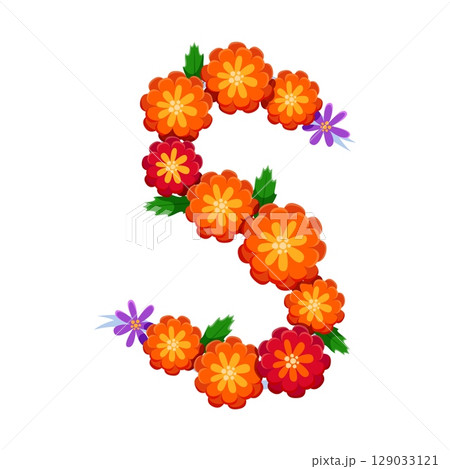 Day of the Dead font marigold orange flowers letter S. Hispanic Dia de Los Muertos holiday font vector sign, Mexican Day of the Dead carnival typeset element. Mexico death celebration typeface letter Day of the Dead font marigold orange flowers letter S. Hispanic Dia de Los Muertos holiday font vector sign, Mexican Day of the Dead carnival typeset element. Mexico death celebration typeface letter 129033121