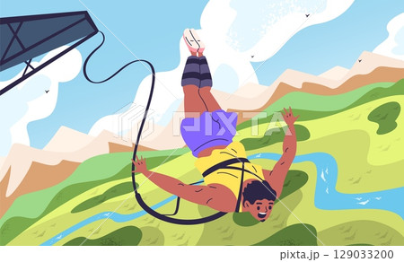 Bungee jumping. Bungy jump off bridge cliff on cord, brave jumper young man fall down with elastic rope free falling flying fun adrenaline fearless, classy vector illustration 129033200