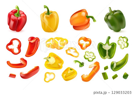 Realistic bell pepper. 3d peppers red green yellow paprika isolated ripe sweet vegetable slice veggie food peper farm vegetables capsicum set, isolated exact vector illustration Realistic bell pepper. 3d peppers red green yellow paprika isolated ripe sweet vegetable slice veggie food peper farm vegetables capsicum set, isolated exact vector illustration 129033203