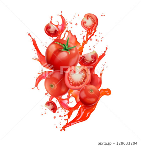 Realistic tomato splash. 3d tomatoes with red juice, fresh vegetable ketchup sauce liquid flow drop splatter soup smoothie vegetables cocktail ingredient, exact vector illustration 129033204