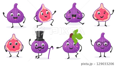 Fig characters. Cartoon figs cute mascot, funny tropical exotic purple fruit kawaii anime groovy character happy emotions different posture summer fruits, neat vector illustration 129033206