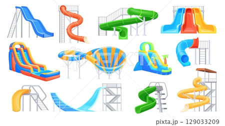 Aquapark water slides. Inflatable or tunnel tube waterslide, aqua amusement park pool playground waterpark cartoon waterslides summer swimming play game, neat vector illustration 129033209