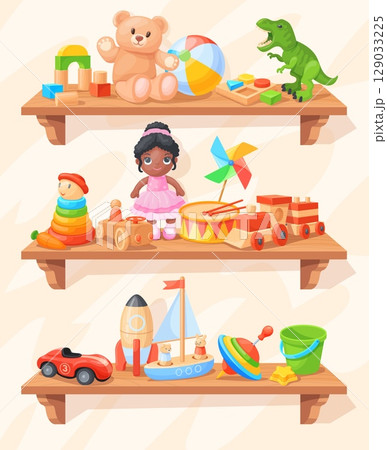 Cartoon toy shelf. Toyshop wooden shelves, baby kids toys shop child play room interior element children doll bear play ball train kid store showcase, neat vector illustration 129033225