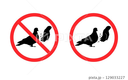 Not feed pigeons. Dont feeding pigeon, prohibited signage hand with bird food sign birds silhouette park rules ban attention pictogram placard vector illustration Not feed pigeons. Dont feeding pigeon, prohibited signage hand with bird food sign birds silhouette park rules ban attention pictogram placard vector illustration 129033227