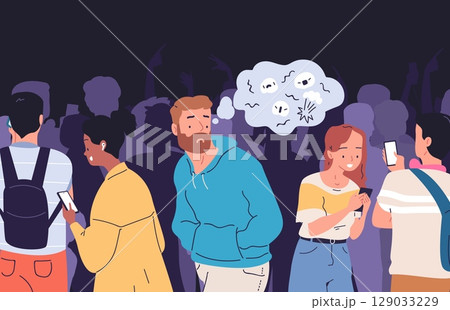 Lonely people crowd. Alone person in crowded city street, anxiety depressed anxious shy man society loneliness introvert social disorder concept social group vector illustration Lonely people crowd. Alone person in crowded city street, anxiety depressed anxious shy man society loneliness introvert social disorder concept social group vector illustration 129033229