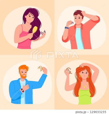 Hair loss people. Alopecia, dandruff seborrheic dermatitis fall thinning hair problem head scalp beauty treatment concept man woman baldness damage hairstyle vector illustration Hair loss people. Alopecia, dandruff seborrheic dermatitis fall thinning hair problem head scalp beauty treatment concept man woman baldness damage hairstyle vector illustration 129033235