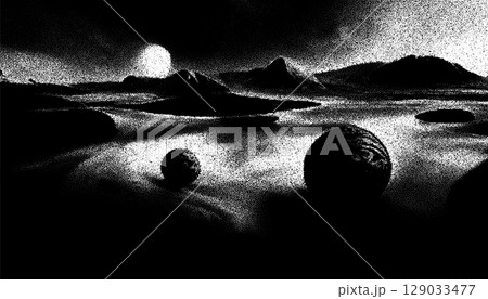 Alien planet landscape in retro dotwork style. Planets and satellites over unknown planet in space. Sci-fi world landscape beyond our galaxy. 129033477