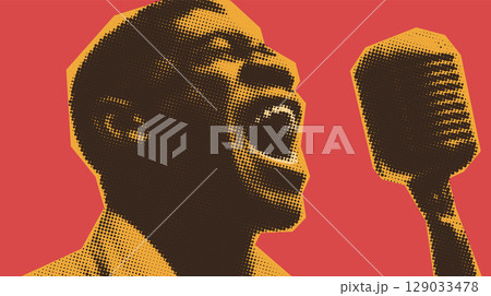 Pop art style portrait of a jazz and blues singer passionately performing with microphone 129033478