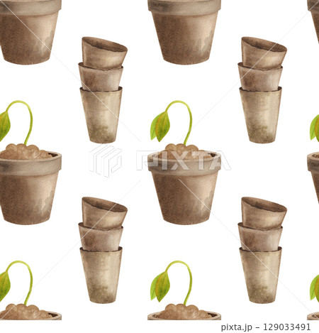 Seamless pattern with garden tools. Watercolor illustration of flower pots and seedlings 129033491