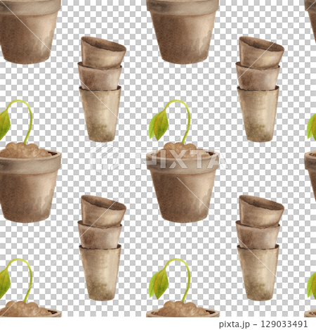 Seamless pattern with garden tools. Watercolor illustration of flower pots and seedlings 129033491
