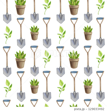 Seamless pattern with garden tools. Watercolor illustration of flower pots with shovel and seedlings 129033492