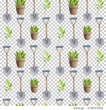 Seamless pattern with garden tools. Watercolor illustration of flower pots with shovel and seedlings 129033492