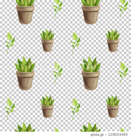 Seamless pattern with garden tools. Watercolor illustration of flower pots and seedlings 129033493