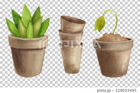 Watercolor illustration of potted plants. Supplement to ecology, gardening, seed treatment, eco blogs, garden stores, Earth Day and spring equinox. 129033495