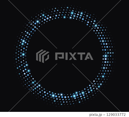 Blue halftone frame, glowing circle borders, round pattern with dots, radial disco luxury design element. 129033772