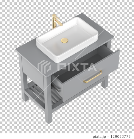 Grey wash basin cabinet with white sink and rose gold faucet Grey wash basin cabinet with white sink and rose gold faucet 129033775