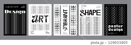 Abstract modern monochrome poster template. Banner set layouts with line distorted effect, rippled halftone grid ornaments, simple geometric shapes. Black and white covers design. Vector illustration. 129033805