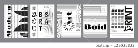 Abstract modern monochrome poster template. Banner set layouts with linear grids, distorted round forms, curling element textures, simple stars. Black and white covers design. Vector illustration. 129033832