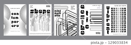 Abstract modern monochrome poster template. Banner set layouts with striped round forms, line halftone distorted effects, simple repeat triangles. Black and white covers design. Vector illustration. 129033834