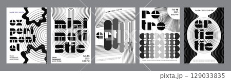 Abstract modern monochrome poster template. Banner set layouts with striped rounds, dynamic line forms, halftone squares, simple flower shapes. Black and white covers design. Vector illustration. Abstract modern monochrome poster template. Banner set layouts with striped rounds, dynamic line forms, halftone squares, simple flower shapes. Black and white covers design. Vector illustration. 129033835