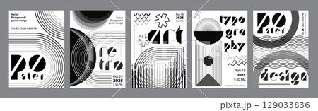 Abstract modern monochrome poster template. Banner set layouts with dynamic line forms with striped effect and simple rounded geometric shapes. Black and white covers design. Vector illustration. Abstract modern monochrome poster template. Banner set layouts with dynamic line forms with striped effect and simple rounded geometric shapes. Black and white covers design. Vector illustration. 129033836