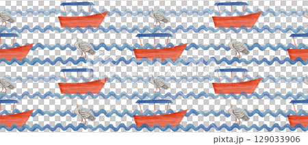 Cambodian boats and iconic Ibis bird, symbol of wetlands, nature watercolor seamless pattern isolated on white. Perfect for travel branding, eco-tourism, textiles, souvenirs, cultural designs 129033906