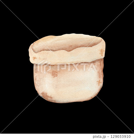 Empty linen cloth sack with natural beige tones watercolor illustration isolated on black. Hand painted art. Perfect for eco-friendly packaging, organic product branding, rustic kitchen compositions 129033910