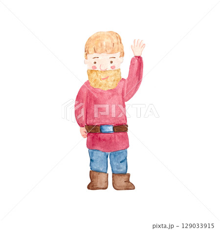 Bearded man in red tunic, blue pants, brown boots, raising his hand in friendly greeting. Cute watercolor illustration isolated on white. Ideal for children books, storytelling, folk-themed projects 129033915