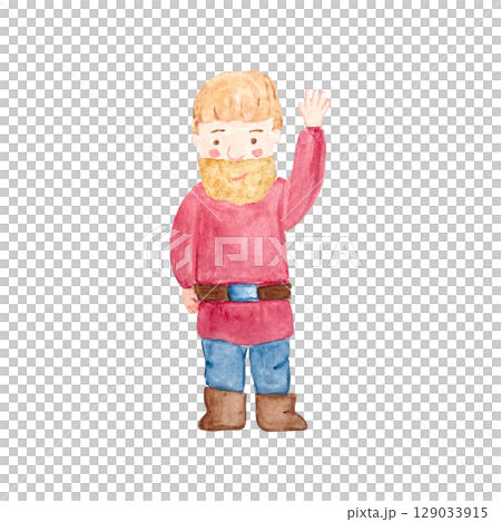 Bearded man in red tunic, blue pants, brown boots, raising his hand in friendly greeting. Cute watercolor illustration isolated on white. Ideal for children books, storytelling, folk-themed projects 129033915