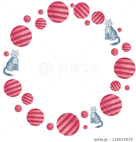Red striped balls and cute gray tabby cats. Watercolor circular frame isolated on white. Playful, perfect for baby announcements, pet-themed invitations, greeting cards, creative scrapbooking projects 129033919