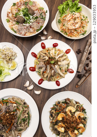 popular traditional vietnamese food dishes on restaurant table in vietnam popular traditional vietnamese food dishes on restaurant table in vietnam 129033953