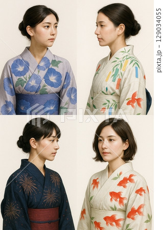 涼しげな浴衣の女性 上半身 横顔等 4パターン 129034055