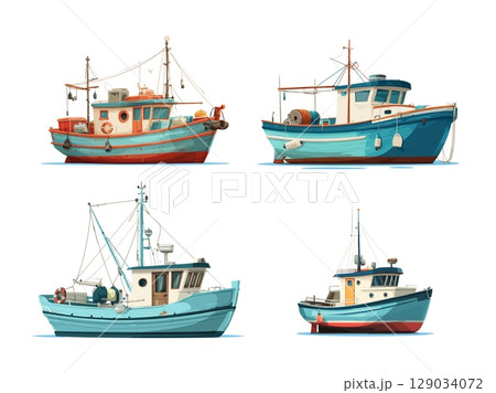 Fisherman boats. Cartoon boat for professional fishing with net, fishery industry seafood production fish marine ships vessels towboat shipping set vector illustration 129034072