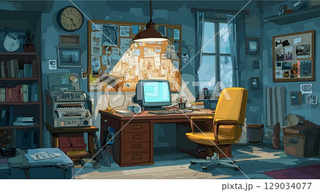 Detective office. Investigator room workplace, true crime police investigation cabinet desk with computer screen and detective board on wall cartoon interior vector illustration 129034077