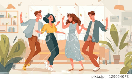 Dancing home party. Happy friends jump dance inside house room interior, joy fun leisure time disco event dancers people vector illustration 129034078