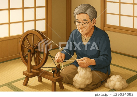 和室で糸を紡ぐ高齢者 129034092