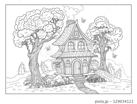 Editable outline Coloring book page. Fairytale house, tree and butterflies for kids and adults coloring book. Kids activities, poster and educational material. Outline vector doodle illustration. Editable outline Coloring book page. Fairytale house, tree and butterflies for kids and adults coloring book. Kids activities, poster and educational material. Outline vector doodle illustration. 129034121