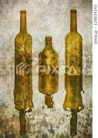 Still life with colored bottles on a reflective surface Still life with colored bottles on a reflective surface 129034143
