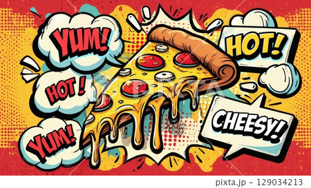 Comic-style pizza illustration with bold yellows and speech bubbles. Energetic pop art with gooey cheese and fun food icons. Generative AI. 129034213
