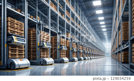 Endless high-tech warehouse aisle with automated shelving systems and robotic logistics infrastructure in a futuristic distribution center. Generative AI. Endless high-tech warehouse aisle with automated shelving systems and robotic logistics infrastructure in a futuristic distribution center. Generative AI. 129034259