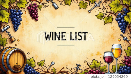 Wine list frame with grapes, barrels, and glasses in a vineyard-inspired setting and vintage tones. Generative AI. 129034269