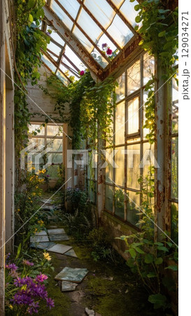 Overgrown greenhouse with broken glass and vibrant plants. A blend of decay and beauty. Generative AI. Overgrown greenhouse with broken glass and vibrant plants. A blend of decay and beauty. Generative AI. 129034271