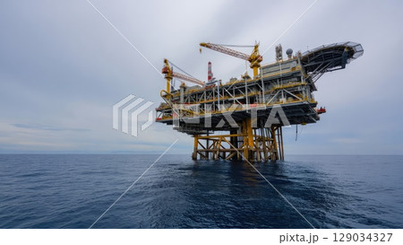 Offshore oil platform on calm sea during early morning light. Energy extraction. Generative AI. 129034327