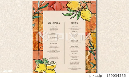 Lemon-themed drink menu design with bright yellow citrus illustrations, decorative flowers, and elegant typography over a textured background. Vibrant and fresh layout. 129034386